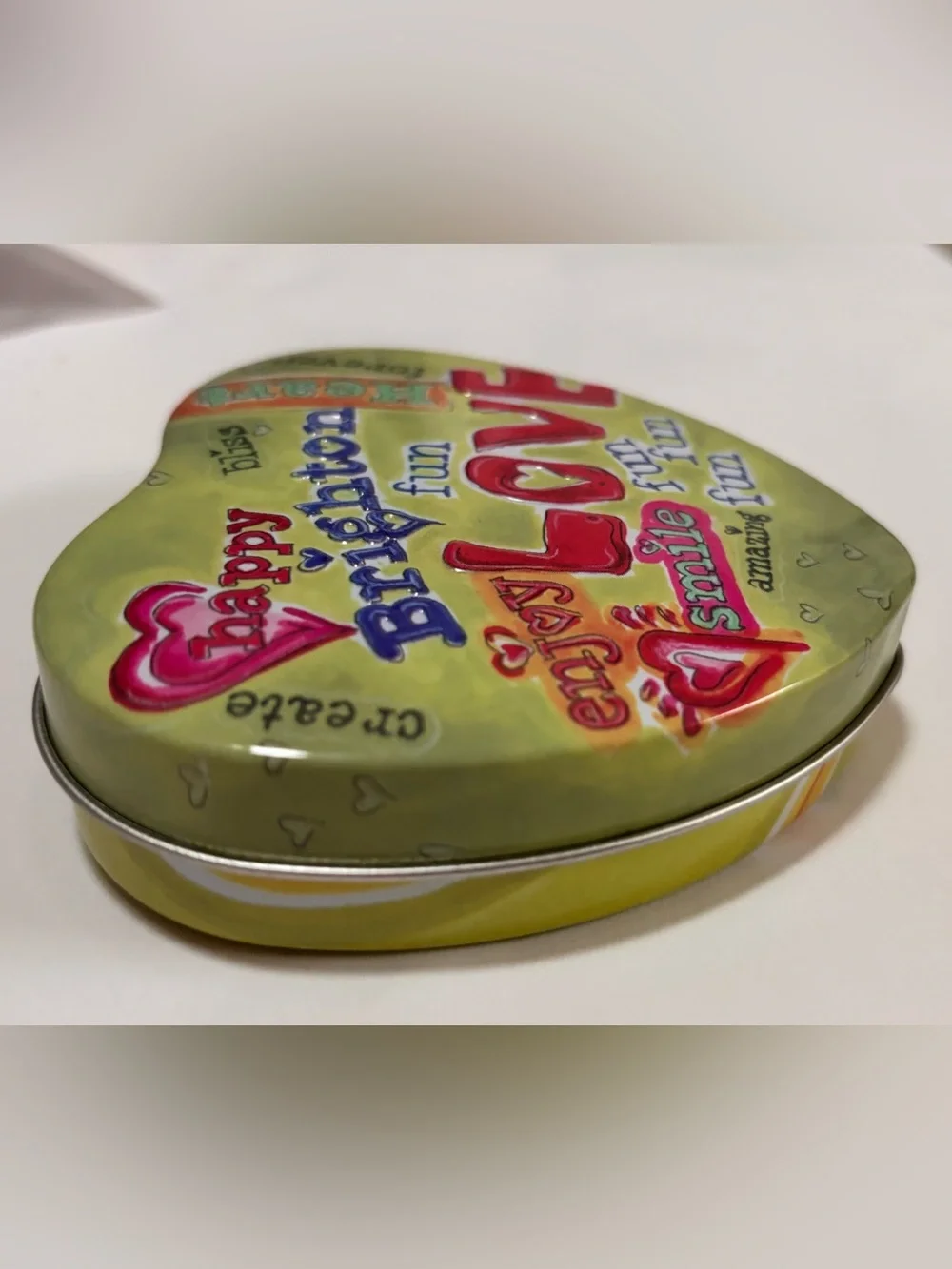 BRIGHTON Heart Shaped Metal Jewelry Tin - Green with Pink LOVE Word Art Design